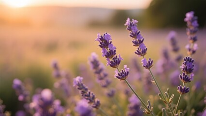 Naklejka premium Lavender Field at Sunset: Soft Purple Blooms in Warm Light