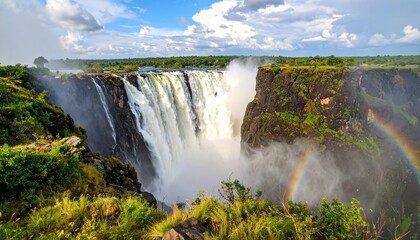 Fototapeta premium Majestic Victoria Falls cascading down a dramatic cliff face, with a vibrant rainbow arching across the spray.