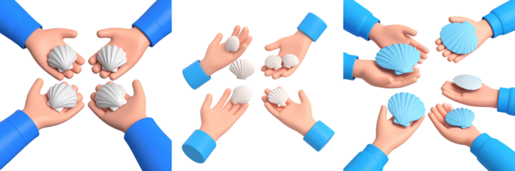 Hands Arranging Shells In A Circular Composition With Blue Sleeves and Shells in White and Blue Tones Against A Transparent Background