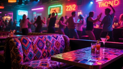 Vibrant nightclub scene with dancing people and colorful lighting