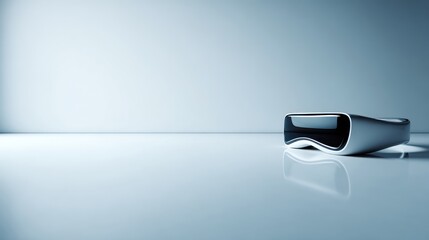 Futuristic gadget rests on a reflective surface against a soft, gradated background