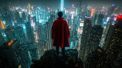 A silhouette against a backdrop of neon-drenched skyscrapers, a base jumper's daring leap against the backdrop of an urban jungle bathed in the ethereal glow of a cyberpunk metropolis 