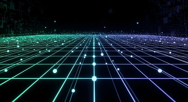 Abstract digital grid with glowing nodes and lines, fading into a dark background.