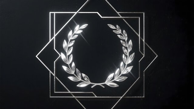 Silver laurel wreath encased in geometric hexagonal frames on a dark background