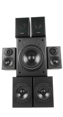 Fototapeta premium Black home theater surround sound speaker system with subwoofer isolated PNG with Transparent Background