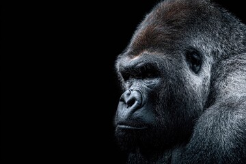 Obraz premium A closeup of a gorillas head against a stark black backdrop showcasing its detailed facial features and textured fur