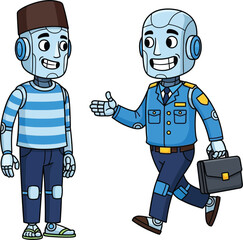 Smiling robot police officer greets a casually dressed robot man in peci and sandals. Friendly interaction blending authority, tradition, and modernity.