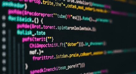 Close-up of colorful code on a dark screen, showcasing software development, programming, and digital technology concepts