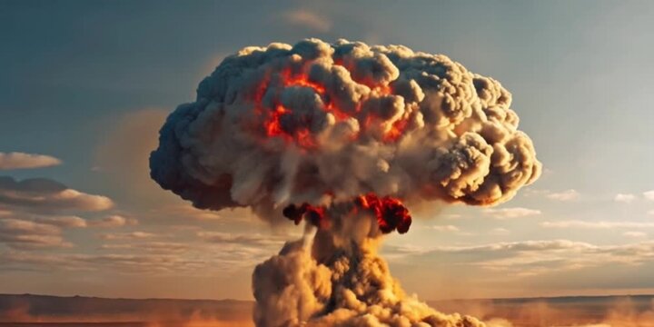 Nuclear Bomb Explosion 4K Video &ndash; War, Atomic, Energy, Blast, Destruction, Danger, Military, Smoke Cloud, Explosion, Radiation, Weapon, Fireball, Attack, Dangerous, Global, Power,