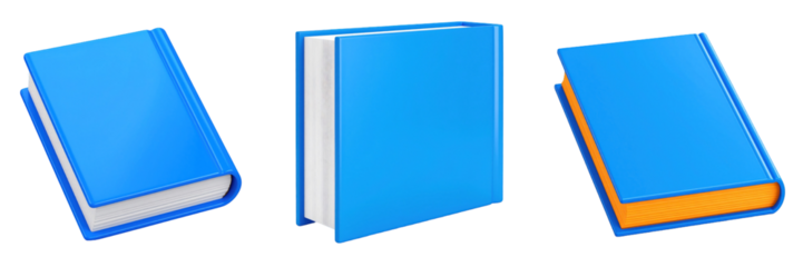 Three Dimensional Plastic Style Book Icons With Blue Covers White Pages and Orange Edges Set Against A Transparent Background
