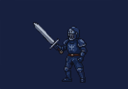 Fototapeta Pixel knight raises sword, fantasy RPG game art, dark plain backdrop, UI asset