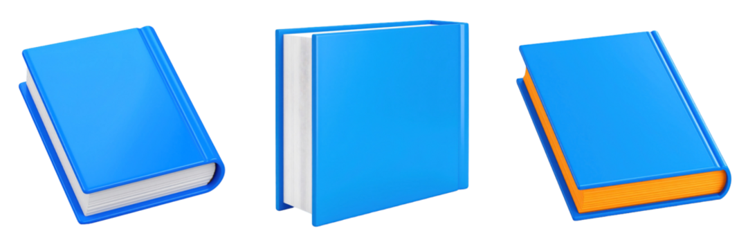 Three Dimensional Plastic Style Book Icons With Blue Covers White Pages and Orange Edges Set Against A Transparent Background