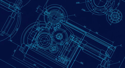 Detailed blueprint of mechanical parts, showcasing gears and measurements, representing engineering precision and complex machinery design, ideal for industrial or technical backgrounds