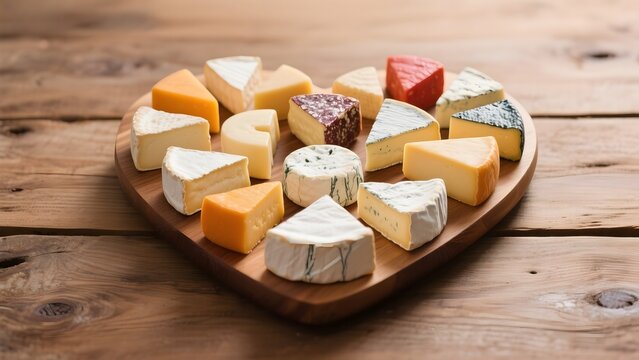 Assorted cheeses arranged on a wooden heart-shaped board - Powered by Adobe