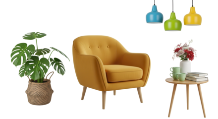 Modern home interior furniture and decor collection with yellow armchair isolated PNG with Transparent Background