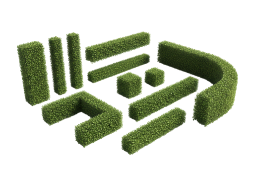 Set of trimmed green topiary hedges in various geometric shapes isolated PNG with Transparent Background