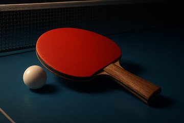 An angled shot shows a ping pong paddle resting with a white ball on a blue table surface.