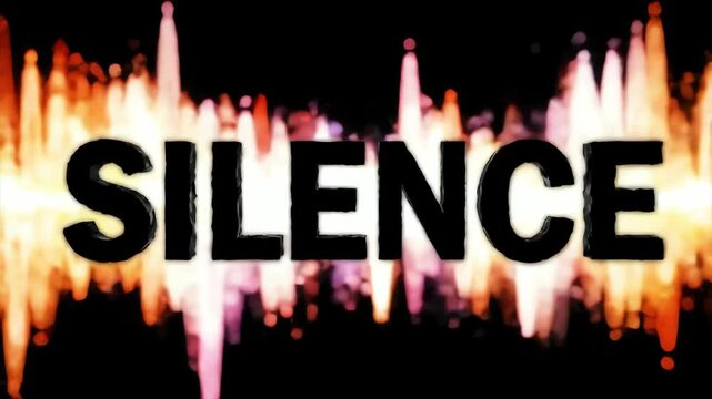 Abstract animation: word "Silence" layered over colorful sound wave patterns, creating visual paradox of sound and quiet, exploring themes of perception and absence