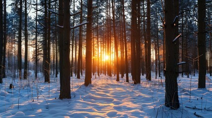 Winter Woodland Sunset: Golden Light Through Bare Trees, Frosty Branches, and Cold Air in a Snow-Dusted Forest at Dusk