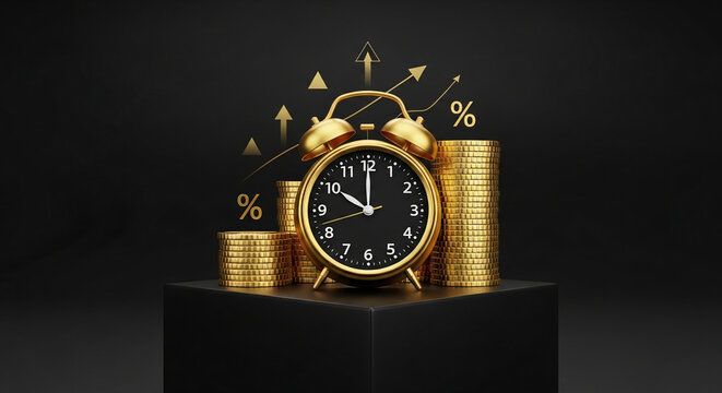 Gold alarm clock and coin stacks on black pedestal, illustrating time and financial growth, showcasing investment or wealth-building concepts