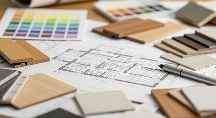 House plan with wood, tile samples & color palette, showcasing home design process, representing interior planning and material selection for renovation or new construction