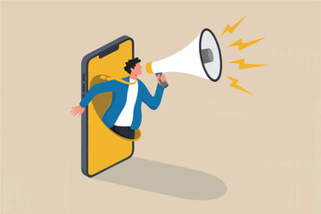 Businessman announces exciting news through smartphone megaphone digital marketing and public relations campaign concept