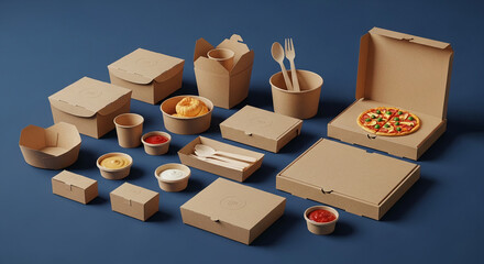 Brown cardboard food containers, boxes, cups, and pizza showcase food delivery packaging mockup on blue background