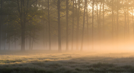 Golden Morning Mist: Sunlit Meadow and Silhouetted Trees at Forest Edge