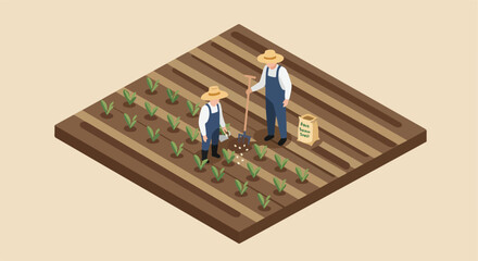 Farmers Planting Seeds in Rows on Farm in isometric view for environmental project