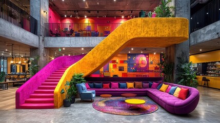 A sleek, futuristic open-plan office pulsates with neon hues 