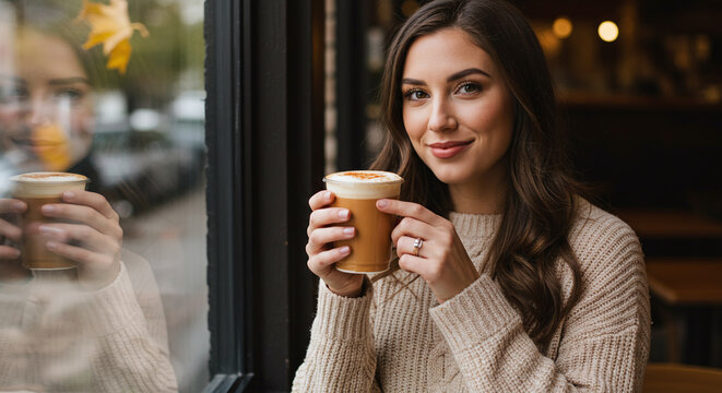 Woman in sweater holding a latte by a window with a reflection of a car and a yellow leaf outside - Powered by Adobe