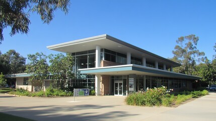 A modern building surrounded by greenery, featuring large glass windows and a sleek architectural design in a sunny outdoor setting.