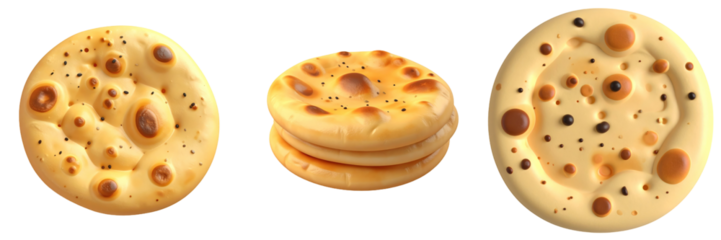 3D Plastic Style Naan Bread Isolated On Transparent Background Showing Round Forms with Golden Brown Texture and Pepper Dots
