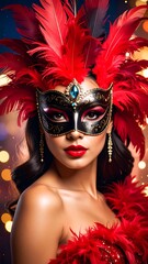 Woman in a red feathered mask