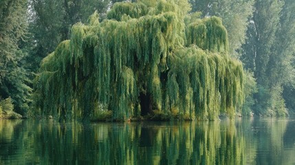 Serene lakeside scene with a large weeping tree, its foliage mirroring in still water