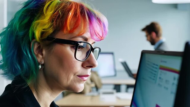Young Caucasian woman with multi colored dread locks in front of laptop monitor in office. The woman taps away on her laptop, her vibrant dreadlocks catching the office light.