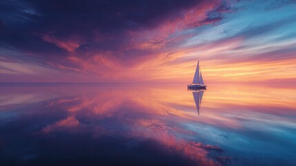 Sailboat floats on tranquil water reflecting a vibrant sunset with colorful clouds