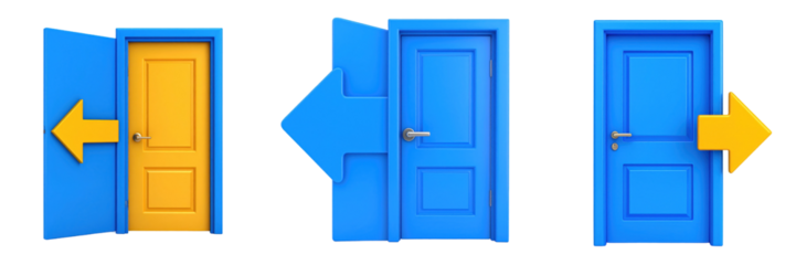 Three-Dimensional Cartoon Style Doorway Icons With Arrows Indicating Directional Delivery And Movement On Transparent Background