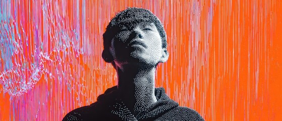 Contemplative Asian man with dotted skin texture looking up in vibrant orange background Concept of digital art, technology, and futuristic portrait