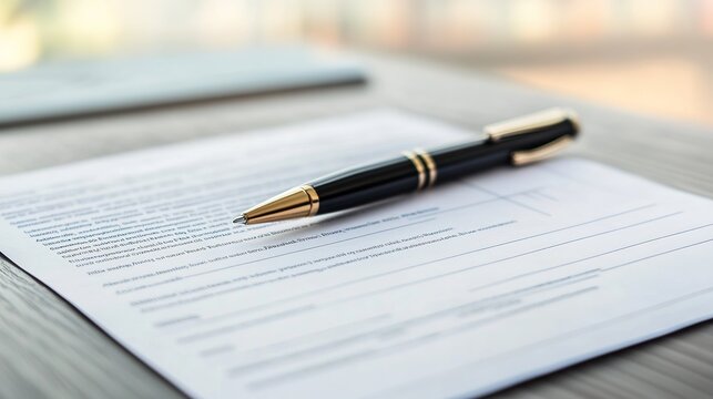 A close-up of a pen resting on a document, emphasizing the act of signing or completing important paperwork. - Powered by Adobe