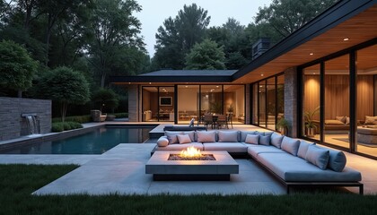 Obraz premium Modern backyard features swimming pool with waterfall, contemporary fire pit lounge area. Sleek concrete patio, minimalist furniture, rich landscaping surround luxurious home exterior, perfect for