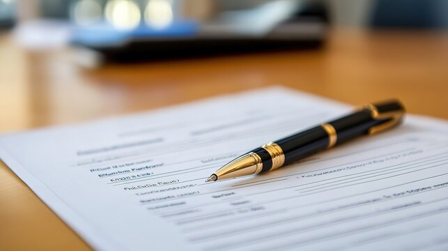 A close-up image of a pen resting on a blank form, highlighting a professional setting with a wooden table background.