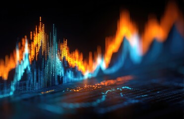 Abstract digital chart visualization of fluctuating data with orange and teal highlights