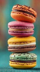Colorful stacked macarons with creamy fillings on teal background.