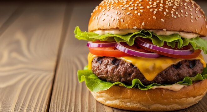Delicious vegan burger with fresh veggies on wooden table 