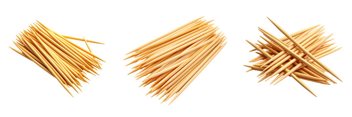 3D Plastic Style Toothpick Collection on Transparent Background with Wooden Textures and Varied Arrangements