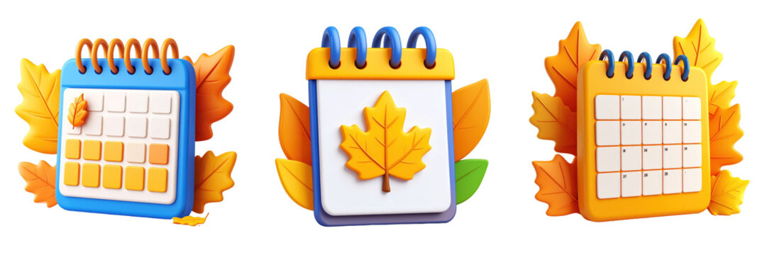 Vibrant 3D Plastic Fall Calendar Icons with Autumnal Orange Yellow and Blue Hues Against Transparent Background Depicting Seasonal Leaves Decorations