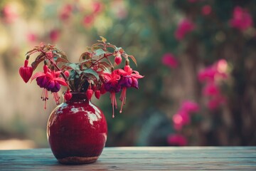 A red vase holds fuchsia flowers set on a wooden table with a blurred floral background