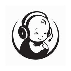 Happy Baby Vector Logo Illustration with Headphones for Music and Kids