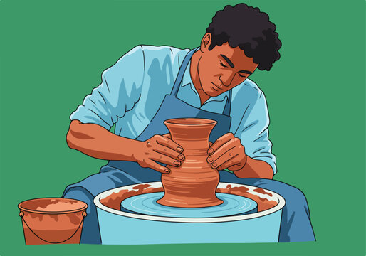 Potter shaping clay on a wheel in studio against green backdrop. For art classes